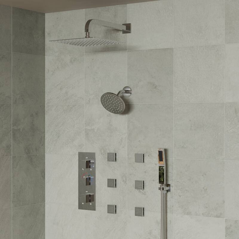4-Functions Thermostatic Shower System, Wall Mount Shower Faucet Set 12" & 6" Dual Shower Head with 6 Body Jets