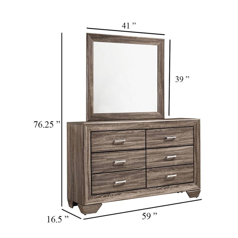 Bello Wide Dresser with Matching Mirror, 6 Drawers, Washed Taupe Wood