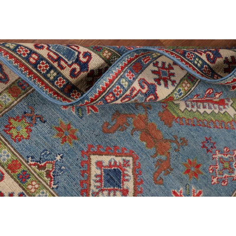 Light Blue Geometric Kazak Rug Hand-Knotted Wool Carpet - 3'3" x 4'11"