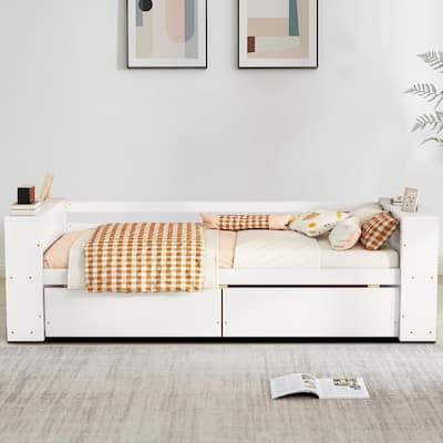 Minimalist Twin Size Wooden Storage Daybed with Bookcases on Both Sides and Two Under-Bed Drawers