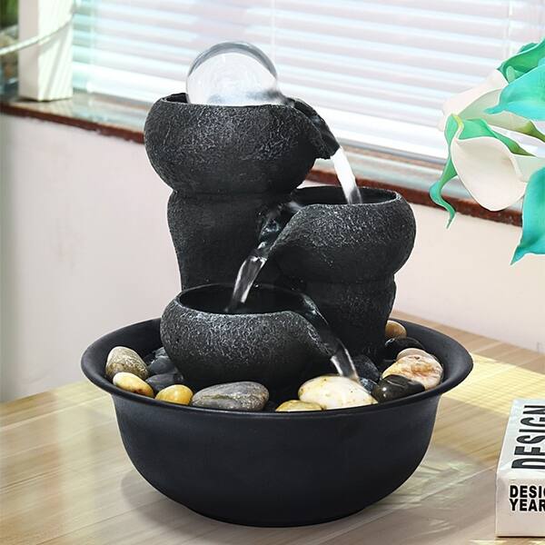 slide 2 of 7, Small Relaxation Water Fountain Tiered Waterfall Feature with LED Ball Black