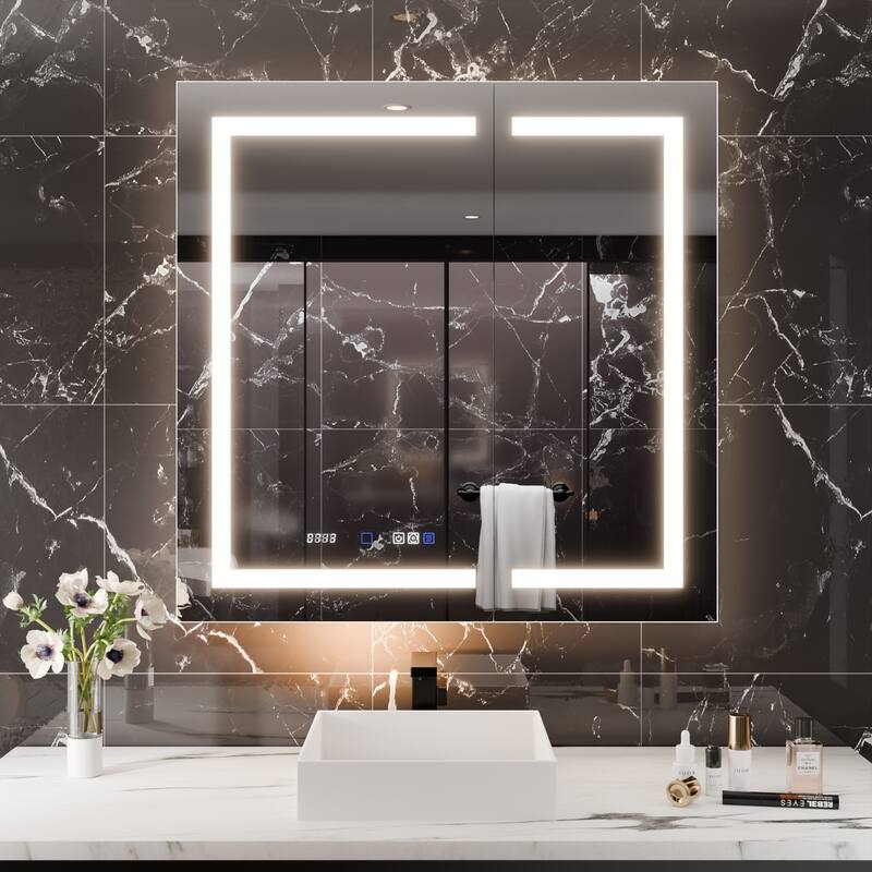 36'' H Recessed or Surface Mounted Bathroom LED Mirror Cabinet With Defogger, Dimmer, 10x magnifying - 36"W X36"H,Double Doors Open