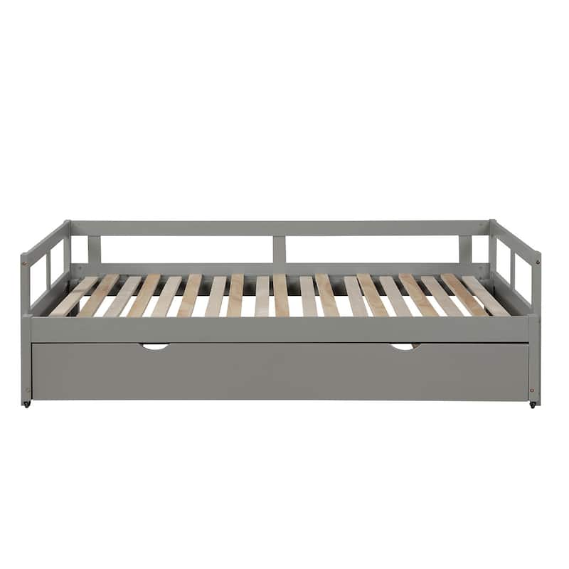 Extendable Twin Daybed with Pull-Out Trundle, Gray Wooden Frame, Space-Saving Design