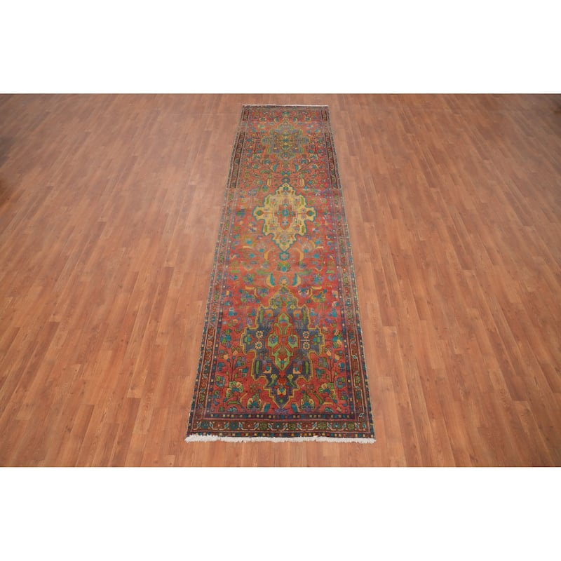Hand Knotted Oriental 100% Wool Carpet Traditional Floral Oranges & Rust Heriz Runner Rug - 12' 5'' X 3' 4''