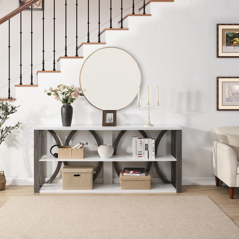 Modern 3-Tier Console Table with Circular Frame, Long Entryway Table, Wood Storage Table for Living Room