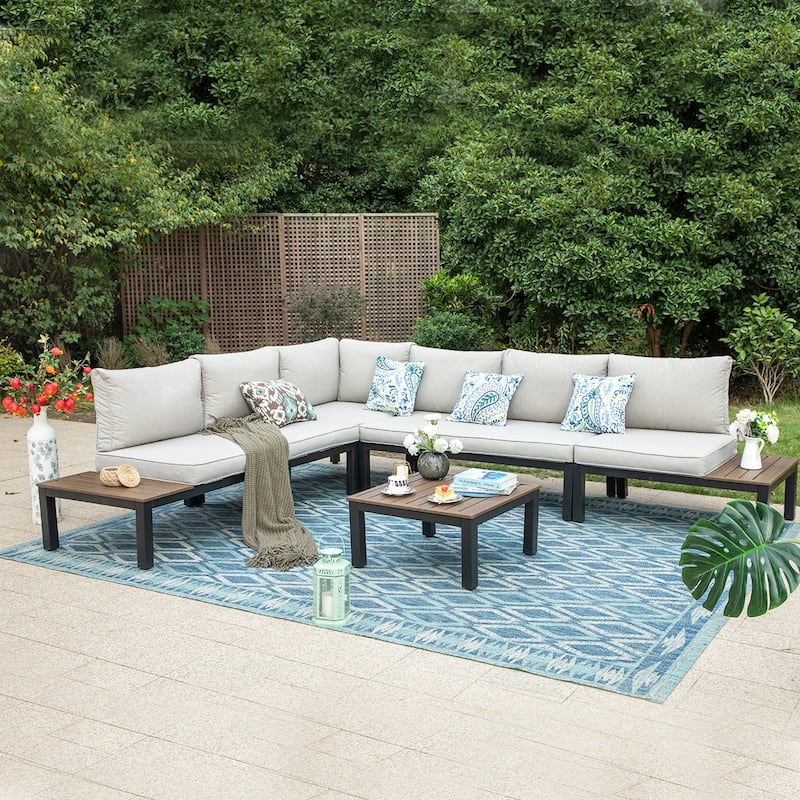 MAISON ARTS Outdoor 6-Piece Patio Sectional sofa set, E-coating Steel frame Conversation Sets with Grey Cushion - 6-Seat - 6-Seat - Grey