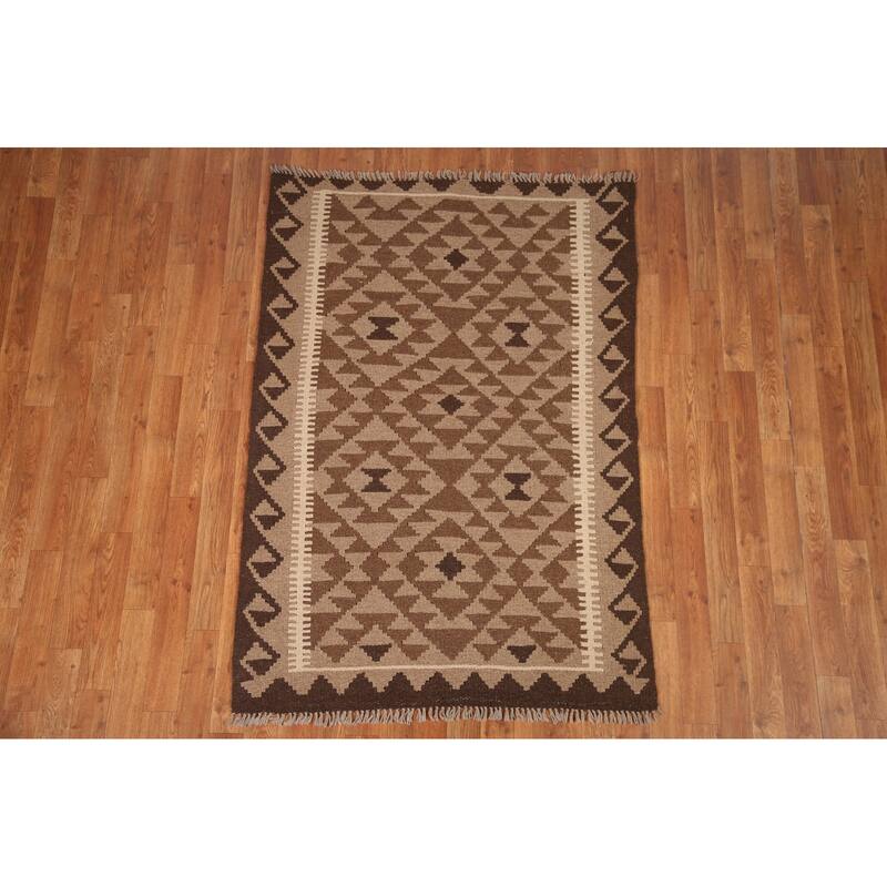 Brown Kilim Oriental Area Rug Hand-woven Wool Foyer Carpet - 3'5" x 5'0"