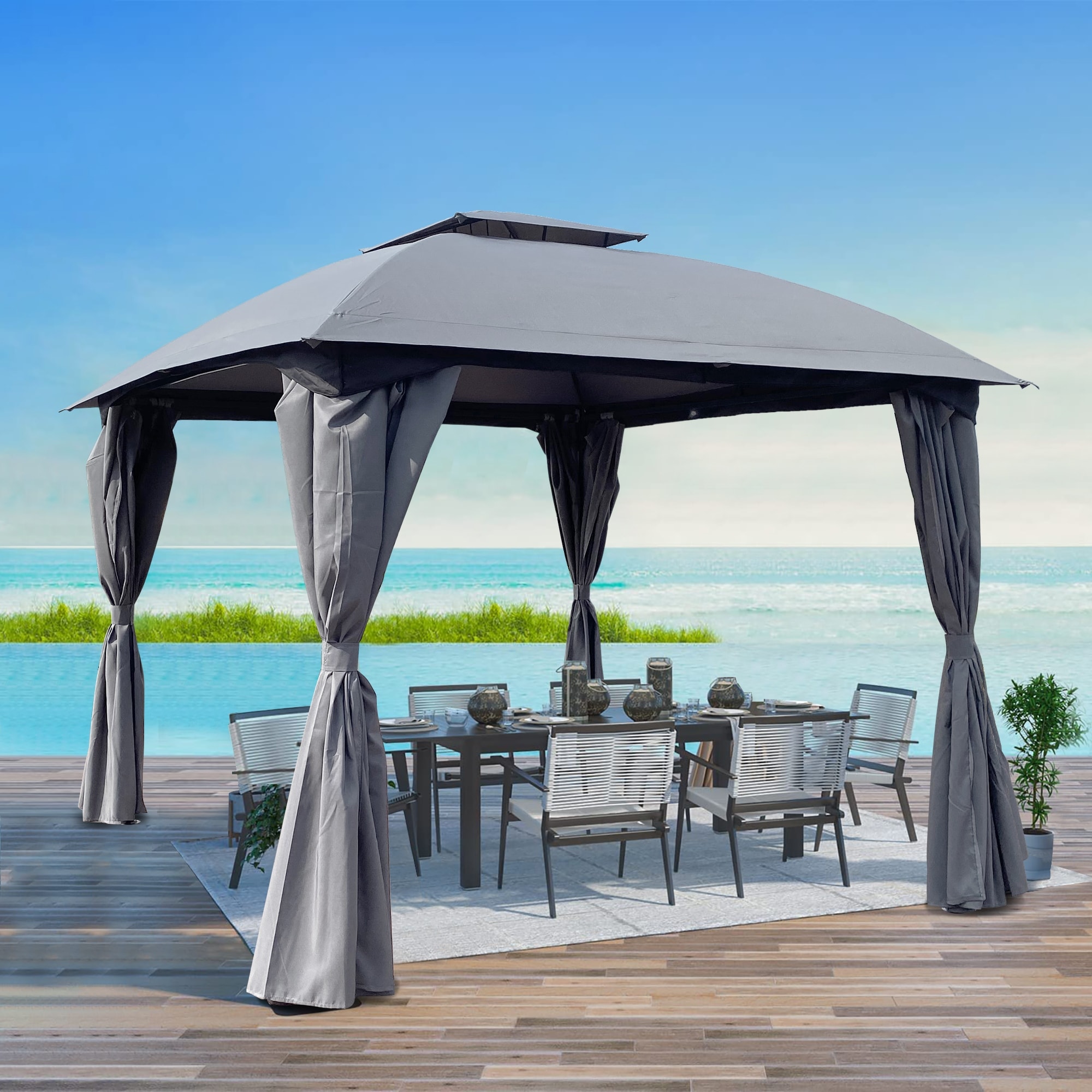 10x10 ft Outdoor Gazebo Canopy with Windproof and Waterproof Curtains Windproof Double Layer Top Bed Bath Beyond 38429971