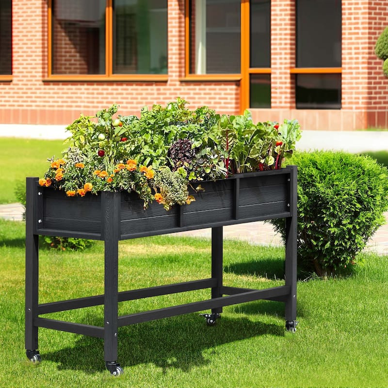 Moasis Outdoor Raised Garden Bed Planter Box Wood Mobile Elevated Stand With Lockable Wheel and Legs