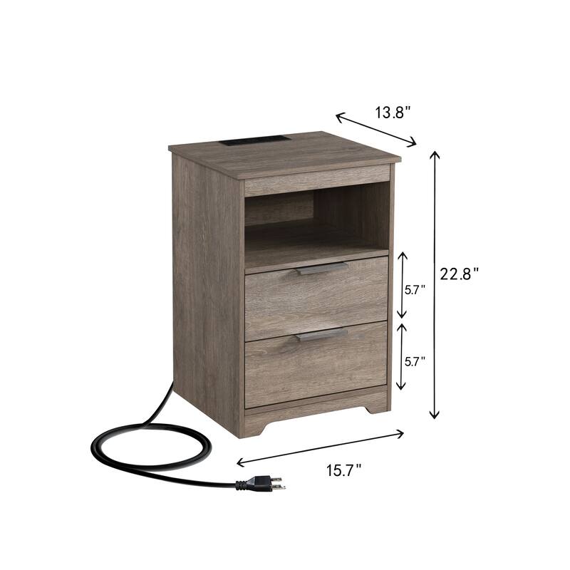 End Table Side Table Nightstand with 2 Drawers, Lamp Table Gray Dressing Table with Open Shelf and Charging Station