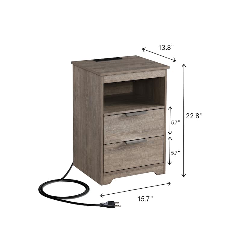 Nightstand with Charging Station,End Table with 2 Drawers,Wooden End Table with Drawer and Opening Shelf
