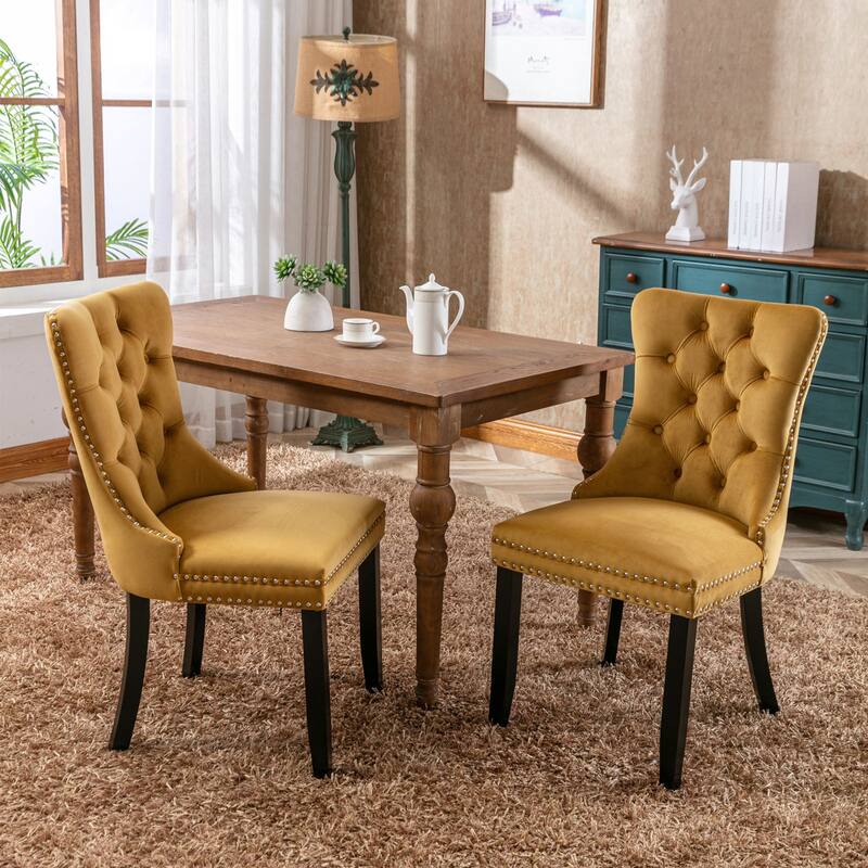 Set of 2 Velvet Upholstered Dining Chairs with Nailhead Trim and Wooden Legs - Gold
