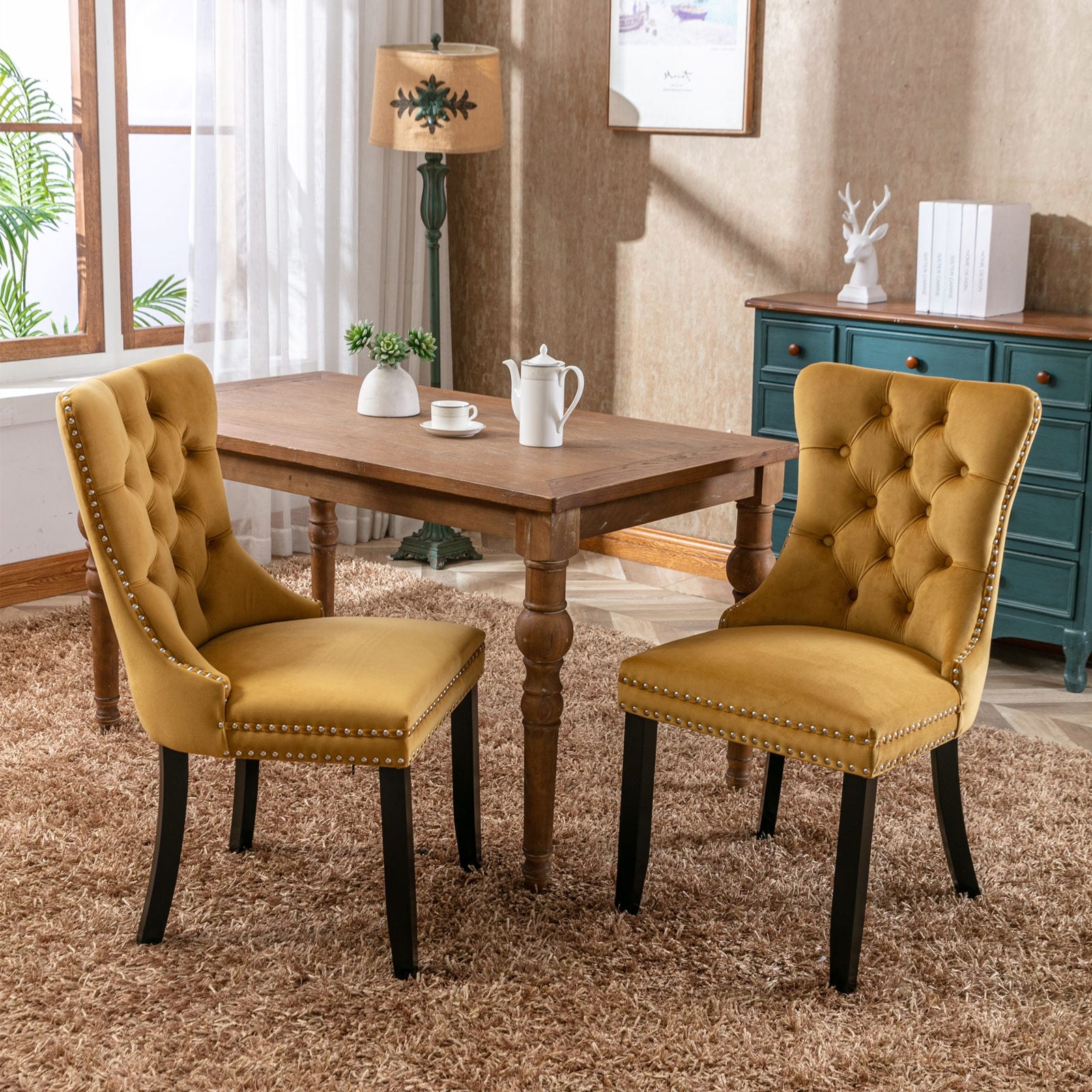 Velvet Nailhead Trim Dining Chair Wood Frame Dining Table Chair 2 Set