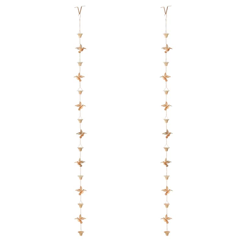 Glitzhome 8.5ft Faux Copper Gold Hummingbirds & Cups Rain Chain with V-Shaped Gutter Clip - 2-Piece