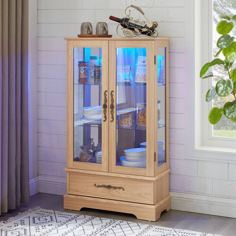 GDFStudio - Traditional Storage Lighted Curio Display Cabinet with Glass Doors and Drawer