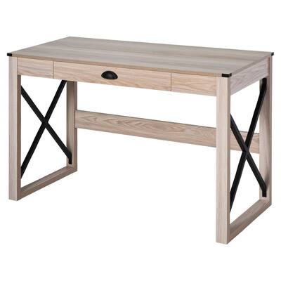 Farmhouse Workstation with Storage Drawer, X-Frame Based, 44 inch Home Office Computer Desk, Rustic Writing Desk, Natural