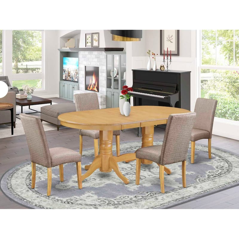 Dining Room Set 5pc Table & 4 Chairs - Linen Fabric, Oak Finish - Dark Khaki