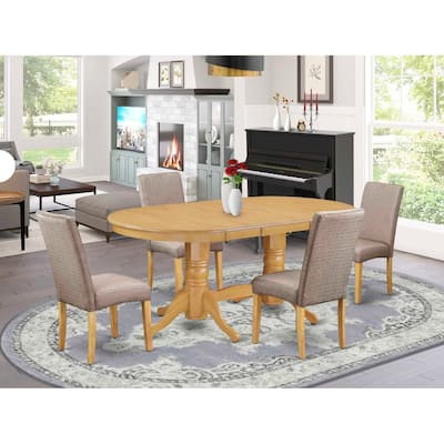 Dining Room Set 5pc Table & 4 Chairs - Linen Fabric, Oak Finish - Dark Khaki