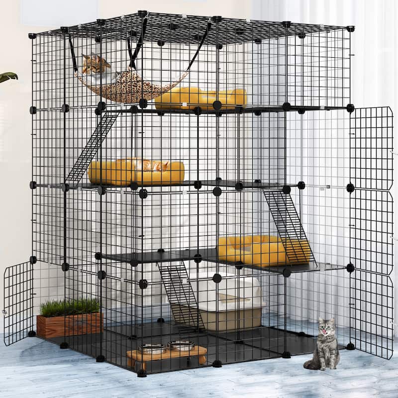 Large 4-layer Metal Cat Cage Indoor DIY Kennel with Storage Cube and Hammock