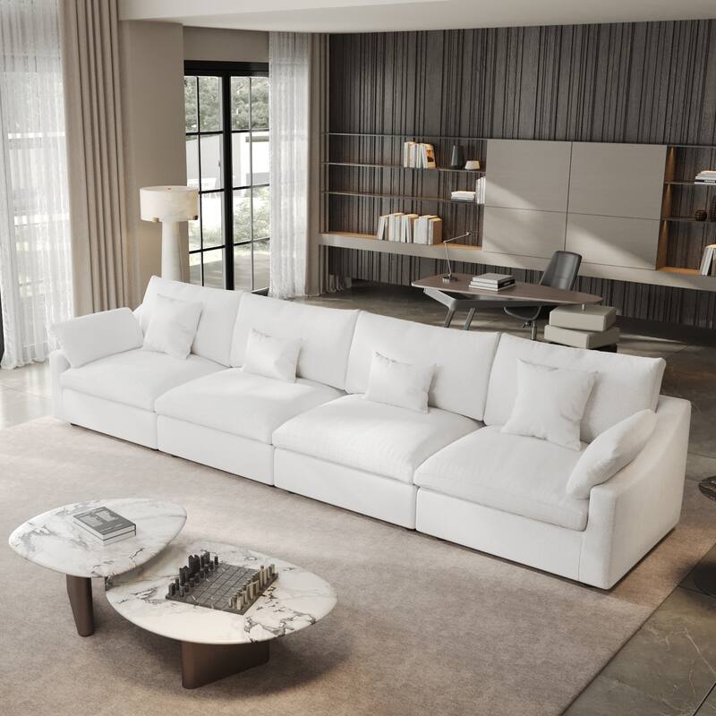 Classic Modern Linen Sectional Modular Sofa 4-Seater Down Filled Cloud Couch with Cushions - White