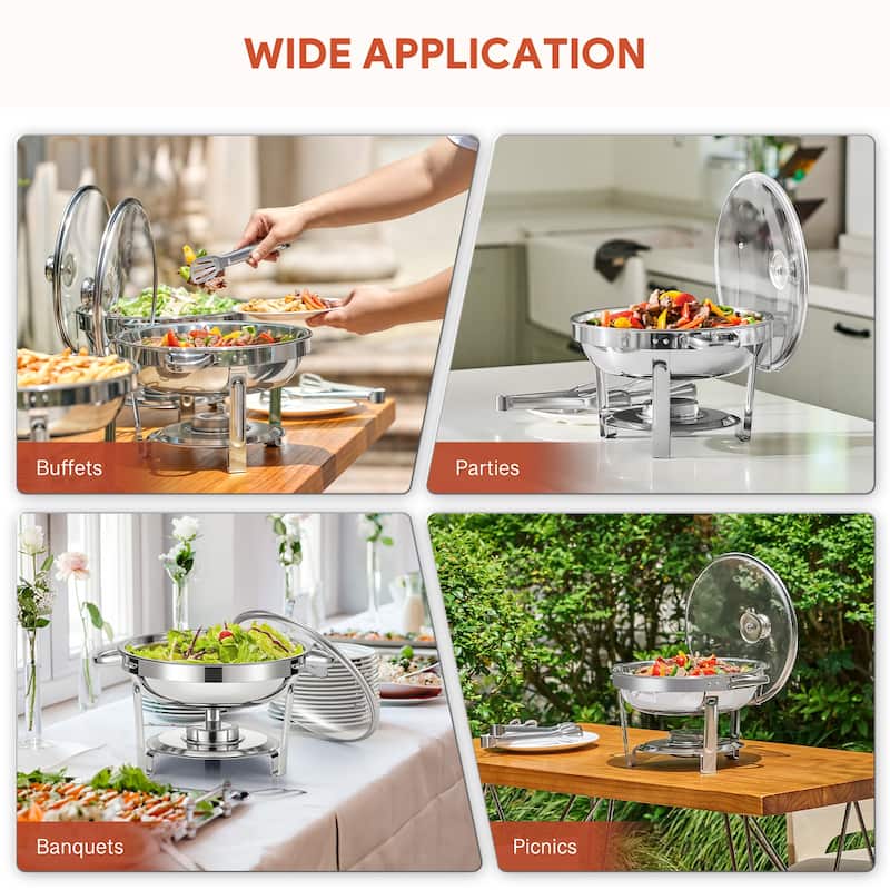 2 Pack 5 qt Stainless Steel Round Chafing Dishes Buffet Set