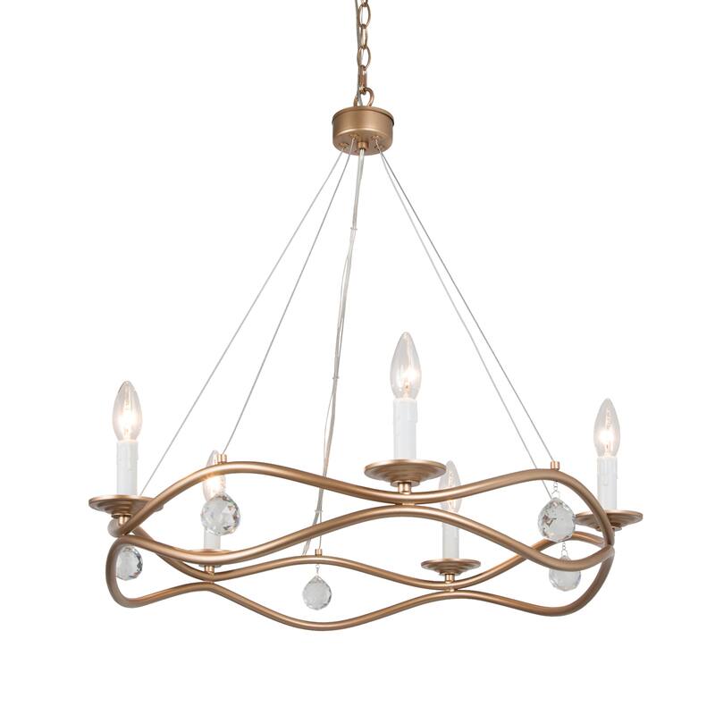 Modern Gold 5-light Linear Chandelier Wagon Wheel Candle Ceiling Lighting with Crystal Drop - D25"xH31.5"