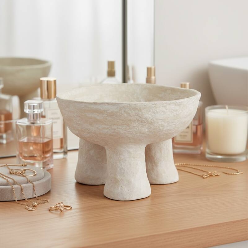 Decorative Textured Bowl with Tripod Pedestal Base - 16", White