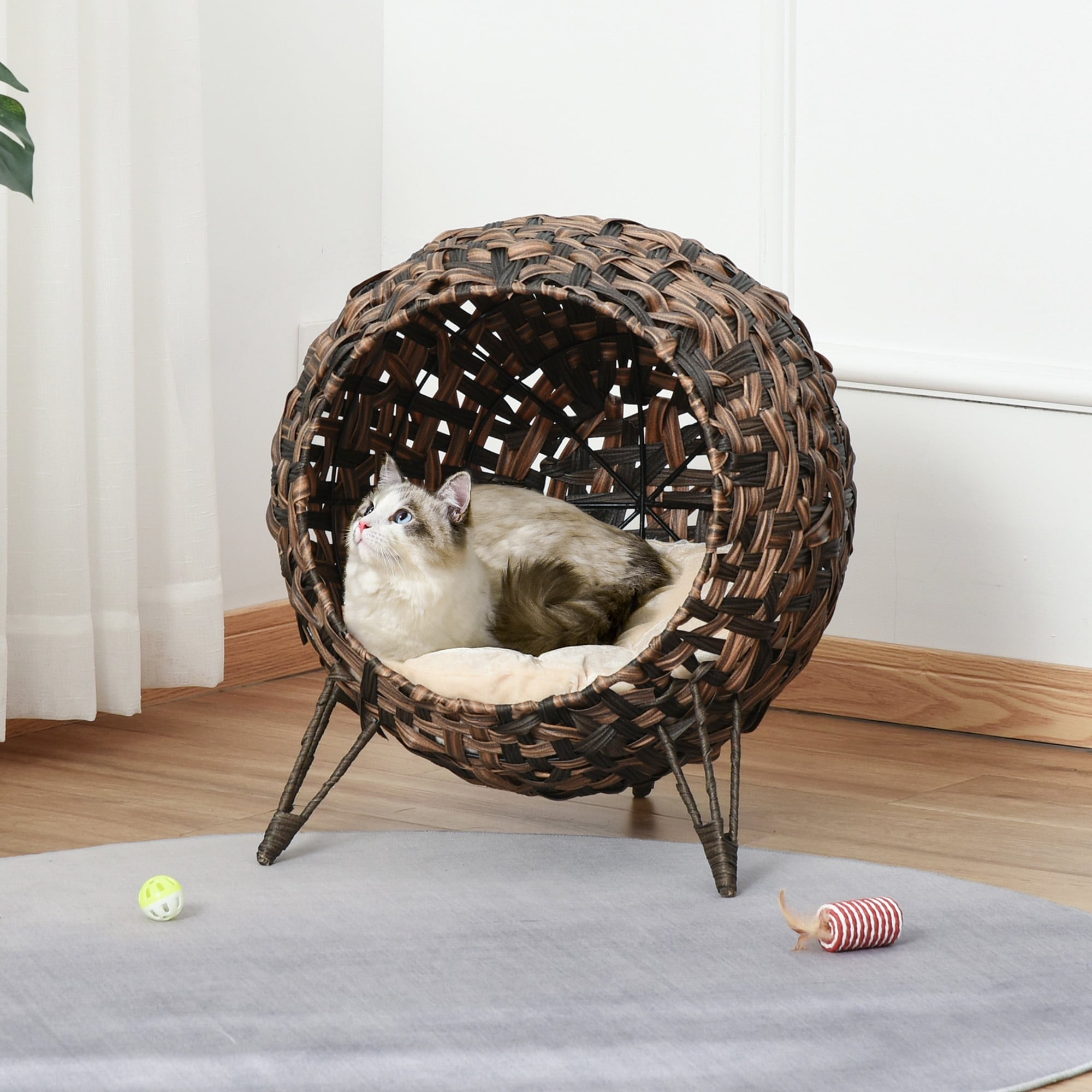 PawHut 20.5" Natural Rattan Cat House, Elevated for Comfort and Circulation, Cushion Included as Animal Bed