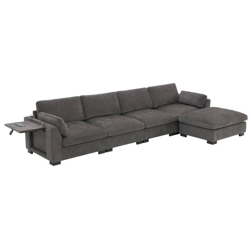 L-Shape Sectional Sofa with Folding Table, Dual-Port Charging, Side Pockets, 2 Pillows, Movable Ottoman, Chenille Modular Sofa