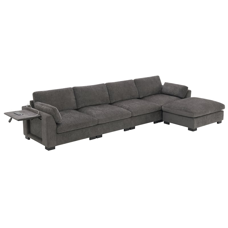 Roomfitters 130" Modular Sectional Sofa, L-Shaped Couch with Folding Table, USB Charger, Storage Pockets, Movable Ottoman