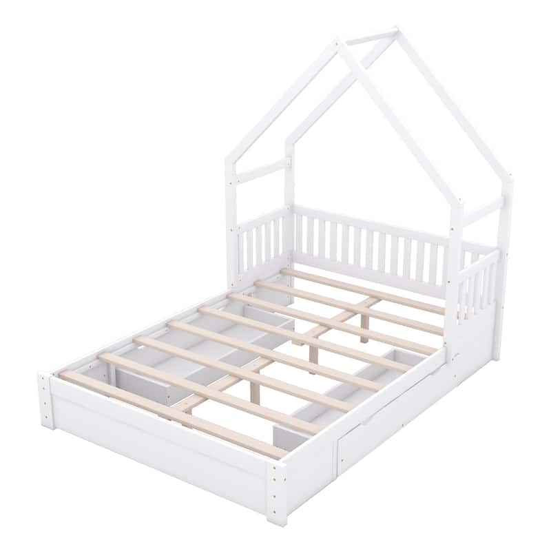 House Platform Bed with Guardrail and 2 Drawers