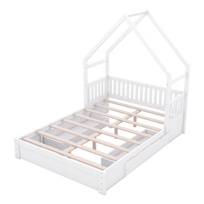 Queen House Bed with Safety Guardrail and Under-Bed Drawers for Storage - Ideal for Kids' Rooms, Small Space
