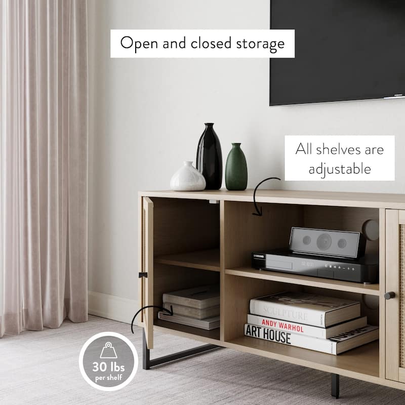 Nathan James Mina Modern TV Stand Entertainment Cabinet Media Console Oak Wood and Black Accents w/ Storage Doors