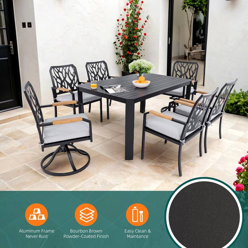 7PC Outdoor Aluminum Dining Furniture Set with 4 Dining Chairs and 2 Swivel Rockers, Rectangular Dining Table with Umbrella Hole