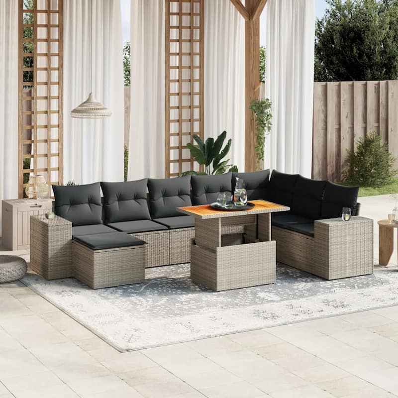 vidaXL Patio Sofa Set with Cushions Table and Stool 9 Piece Poly Rattan Acacia - 21.7 x 39.4 x 28.7