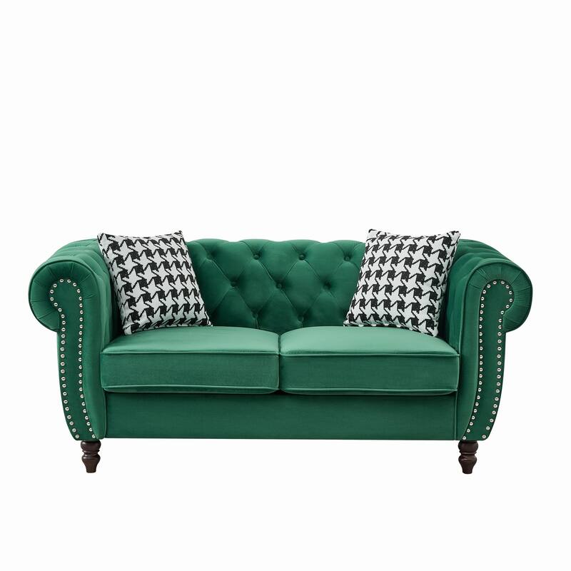 Velvet Upholstery Fabric 2-Seater Sofa with Rolled Armrests and Rivet Embellishments, for Living Rooms, Green
