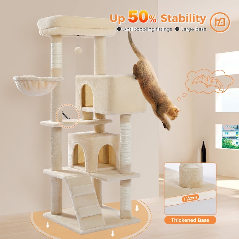 Cat Tree with Large Top Perch, Plush Hammock, 2 Condos, Dangling Pompom & Cat Scratching Posts
