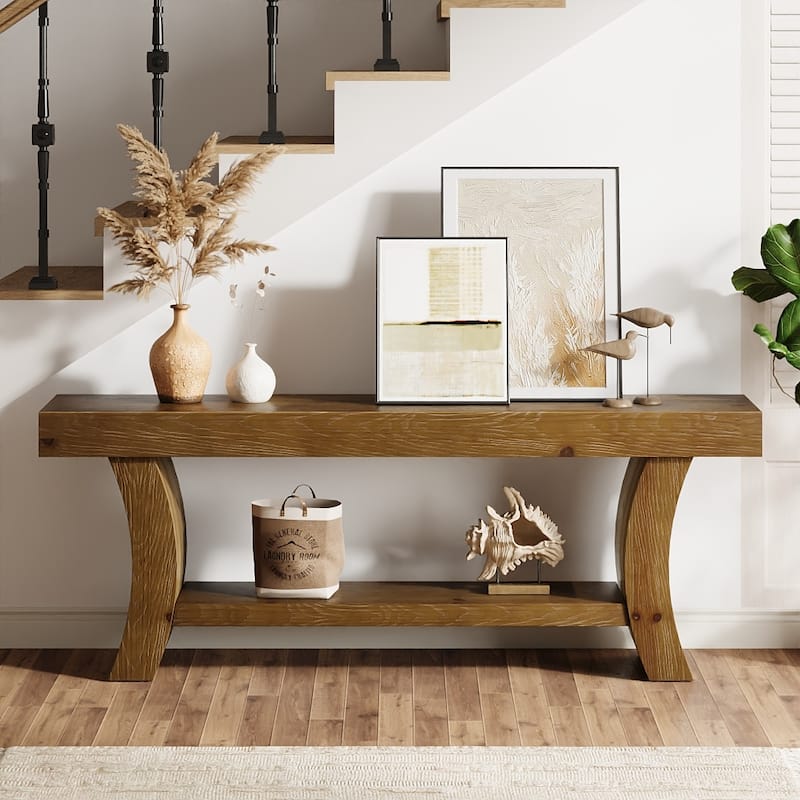 2-Tier Low Solid Wood Console Table for Living Room Entryway Hallway