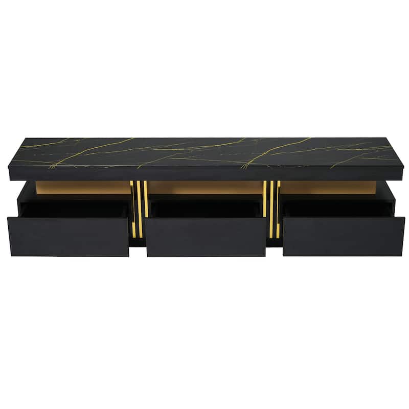 High Gloss TV Stand Media Console Table with Faux Marble Top for TVs Up to 78'', Living Room Entertainment Center with 3 Drawers