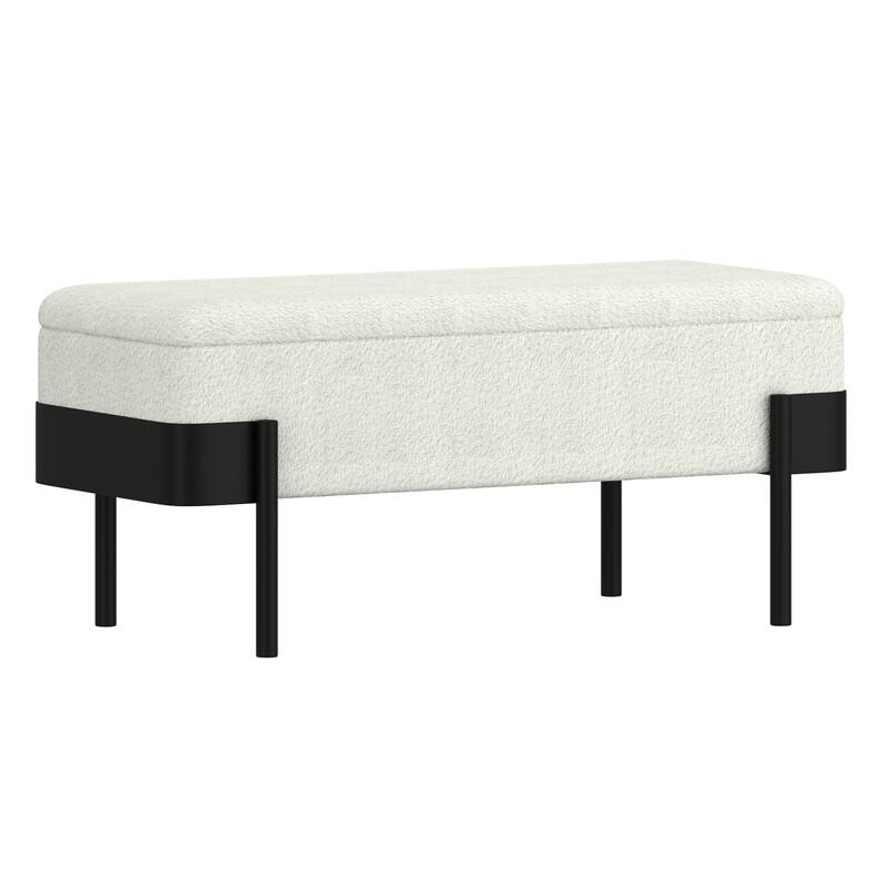 Mid-Century Modern Boucle Fabric & Metal Storage Bench - Ivory & Black - Ivory