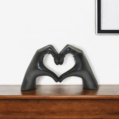 HomeRoots 4" Black Resin Heart Hands Tabletop Sculpture - 5.5 in. x 3.5 in. x 1.5 in.