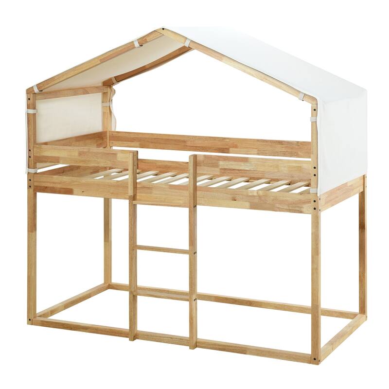 Twin Over Twin Bunk Bed Wood Beds with Tent and Ladder, House-Shaped Solid Wood Bedframe w/Full-Length Guardrails & Slat Support
