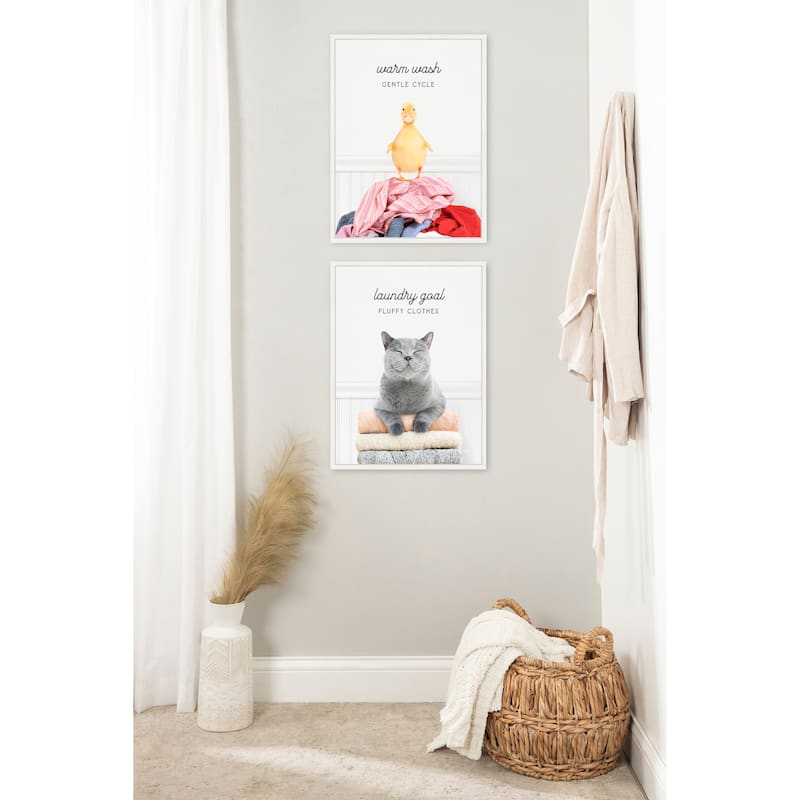 Kate and Laurel Sylvie Cat Laundry Goals and Ducky Gentle Cycle Framed Canvas Art Set by Amy Peterson