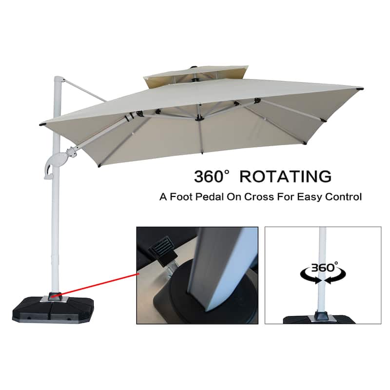 9 x 11 FT Outdoor Dual Top Solar Powered LED Aluminum Patio Cantilever Umbrella and Weighted Base