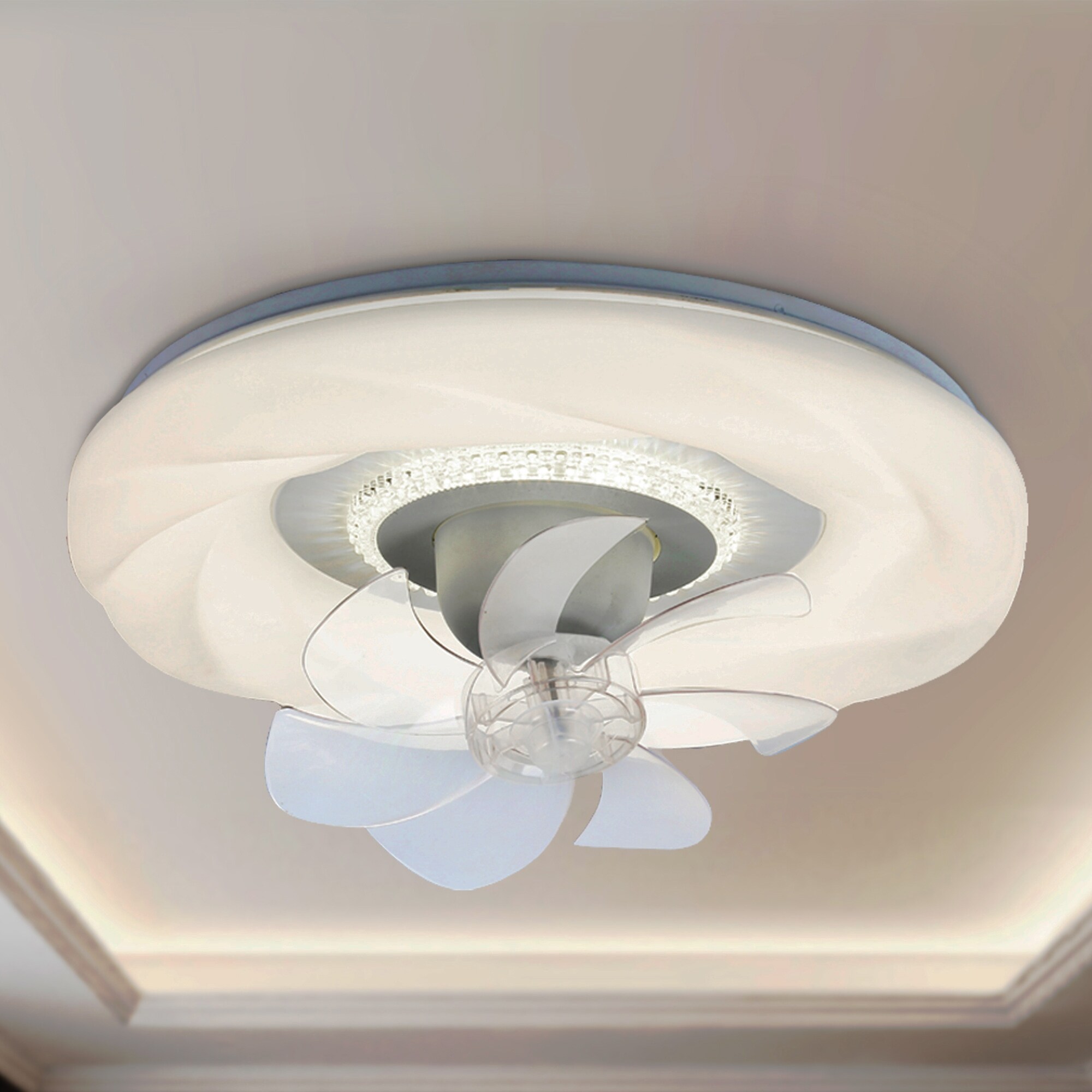 Brushed Nickel Ceiling Fan With Lights & Remote - Flush Mount Crystal Chandelier Fan For Low Ceilings