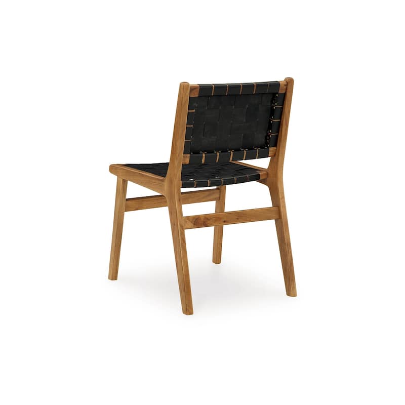 Dinno Dining Side Chair Set of 2, Brown Wood, Black Woven Leather Seat