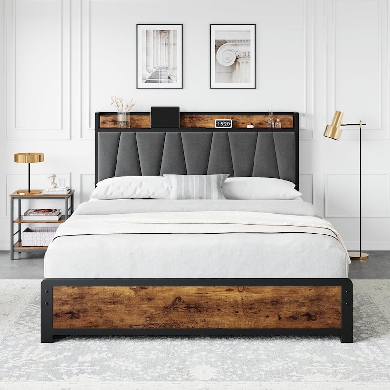 Bed Frame with Storage Linen Upholstered Headboard - Grey - Full