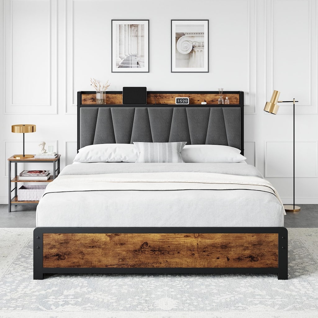 Bed Frame with Storage Linen Upholstered Headboard