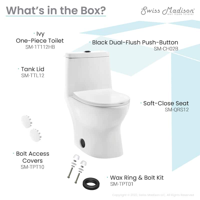 Ivy One Piece Toilet Dual Vortex Flush, Black Hardware 1.1/1.6 gpf - White