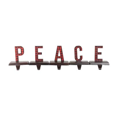 Set of 5 Red Black Buffalo Plaid "PEACE" Christmas Stocking Holder 6"